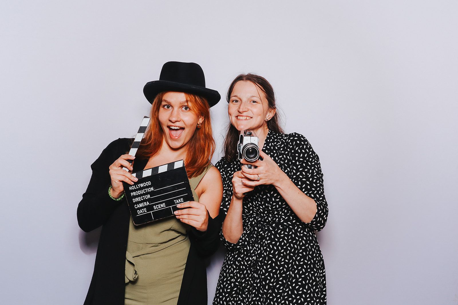 Rachel and Daria from Veiled Productions posing in the photobooth supplied by The Flash Fox at James and Adrianna's wedding in Oxford.