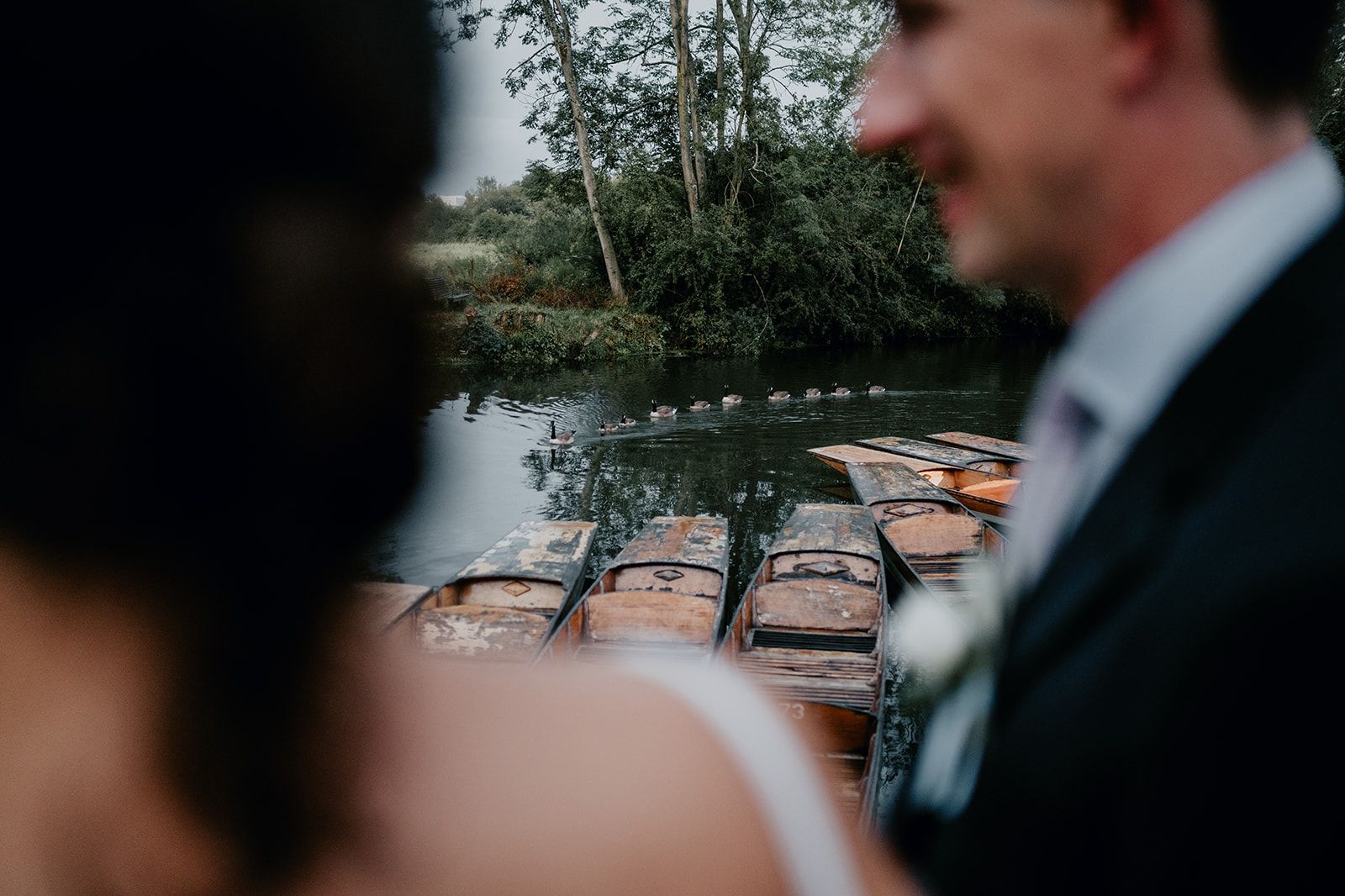 A line of geese paddling in the river in front of the punting boats. Adrianna and James are out of focus in the foreground. Photo by Matt Fox Photography.